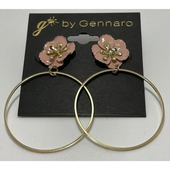 Gennaro Jewelry - G By Gennaro Gold Tone Hoop‎ Pink Enamel Rhinestone Flower Earrings Dangle NEW